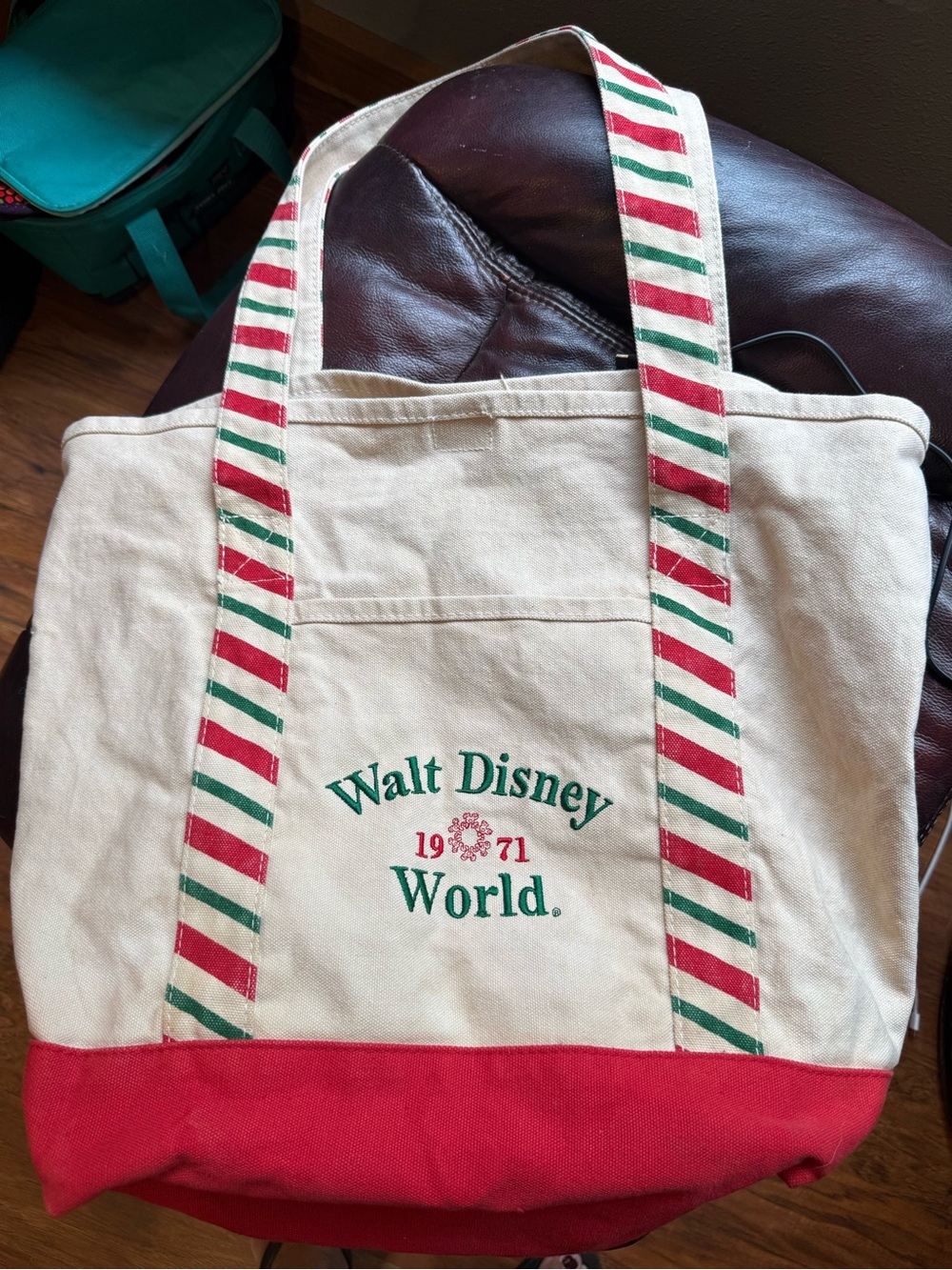 Disney Canvas Tote with Red Base and Green Stripe Accents